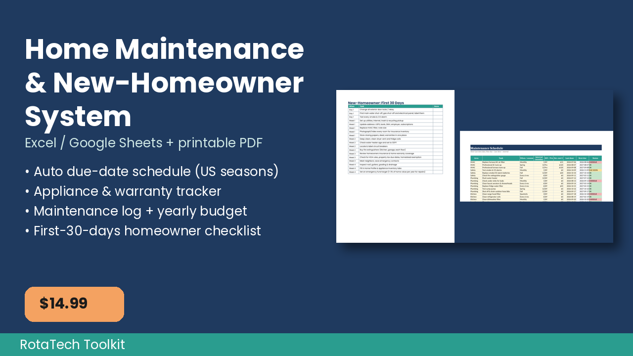 Home maintenance system spreadsheet cover