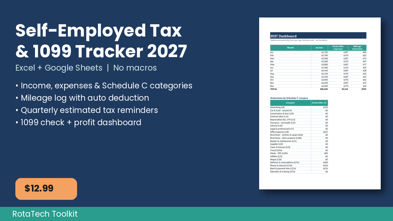 Self-employed tax and 1099 tracker 2027 spreadsheet cover